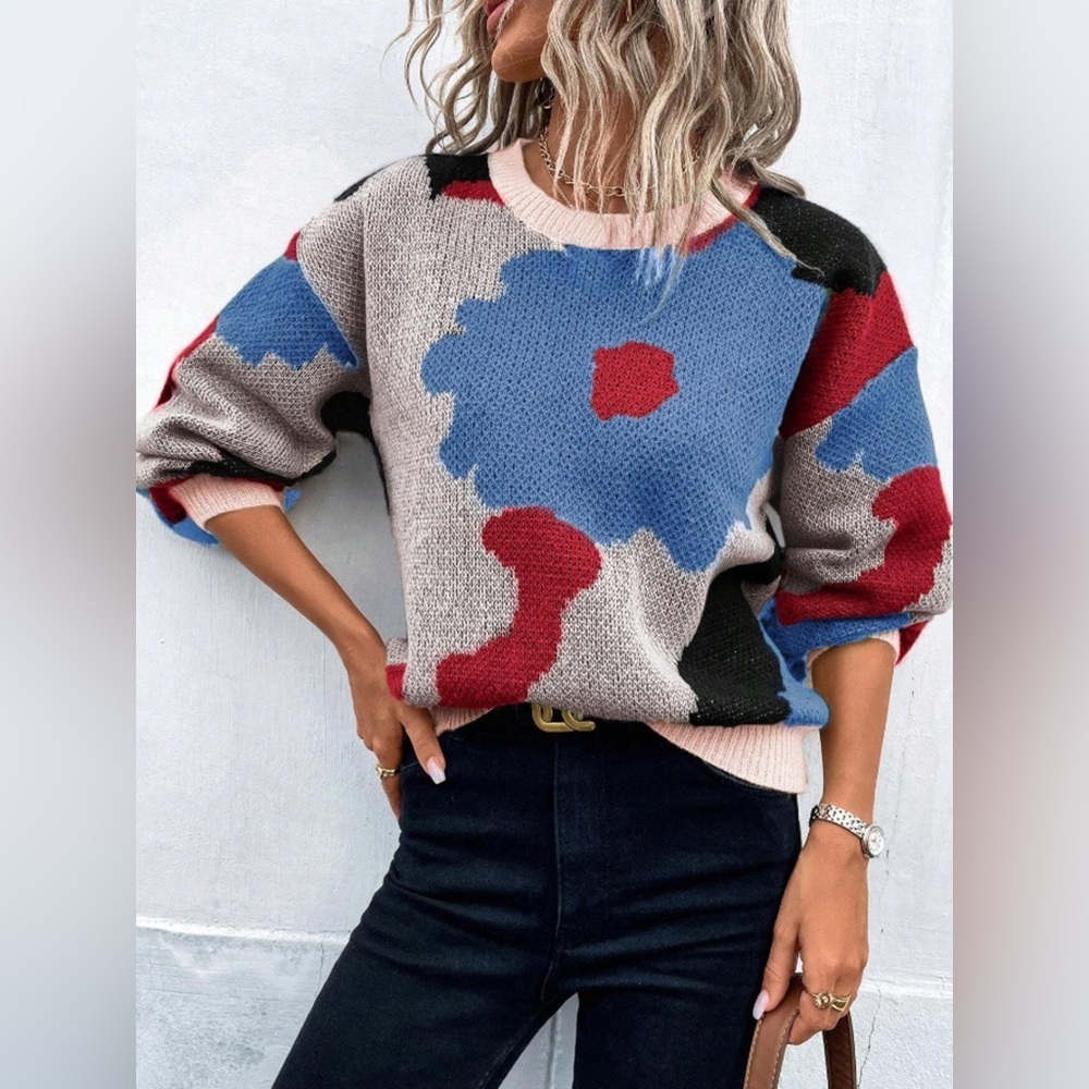 Floral Pattern Round Neck Sweater - Picture 4 of 16